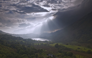 Valley lake mountains sunrays cloudy - a view of a valley free wallpaper