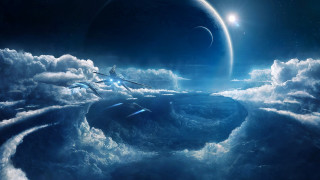 Sky ships clouds planets sun - a group of ships free wallpaper