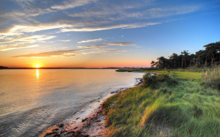 Sunset water grassy shore trees 2 - a sunset over a body of water free wallpaper