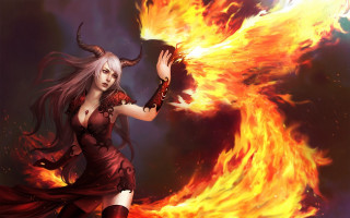 Woman red dress flame demon - her hand and a demon free wallpaper