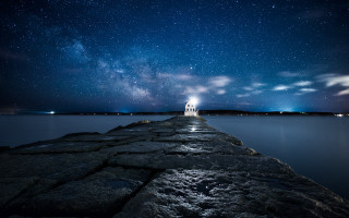 Pier lighthouse night star clouds - a long pier free wallpaper