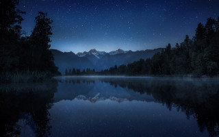 Lake mountain night starry moon - a mountain range in the background free wallpaper