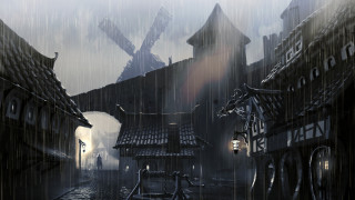 Town windmills rain umbrella european - andreas rocha free wallpaper