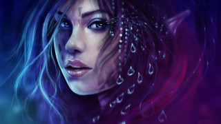 Woman blueeyes purplebackground waterdrops windblown - drop of water free wallpaper