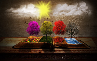 Book trees sun table illustration - a book free wallpaper