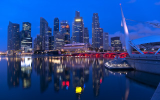 City skyline water boat night - yellow light free wallpaper