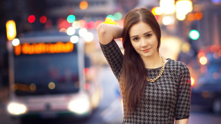 Woman streetcorner night bus citylights - a bus free wallpaper
