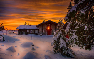 Snowy cabin red door red - evgeny lushpin free wallpaper
