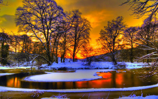 Pond snow trees sunset red - a pond free wallpaper