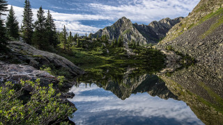 Mountain lake reflections trees clouds - a few tree and bushes free wallpaper