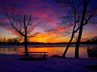 Bench snow lake sunset colorful - the snow next free wallpaper