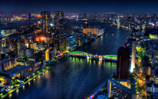Tokyo night bridge river cityscape - expressionism free wallpaper