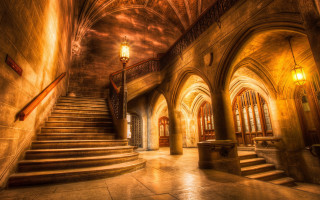 Gothic staircase neo bridge chandelier - old building free wallpaper