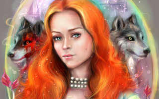 Red haired woman wolf circle - a circle free wallpaper