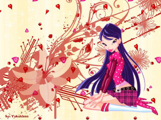Girl long hair sitting table - flower and hearts free wallpaper