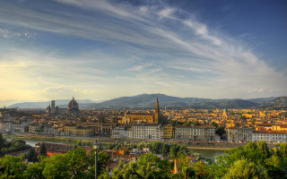 City river mountain sunset sky - panoramic view free wallpaper