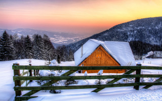 Snowy mountain cabin sunset forest 2 - sunset free wallpaper