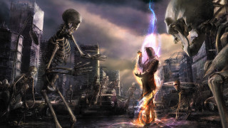Skeletons city fire light couple - their hand and a man holding free wallpaper
