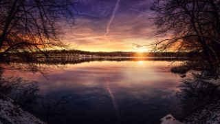 Lake sunset trees clouds mountain - a matte painting free wallpaper