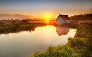 Small house river bridge green - top of a river next free wallpaper