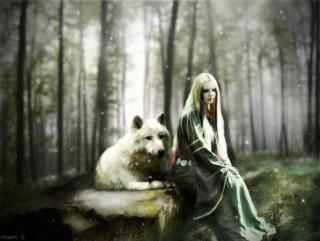 Woman long hair white wolf - matte fantasy painting free wallpaper
