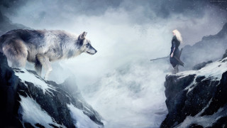 Woman mountain wolf cliff sword - a cliff side free wallpaper