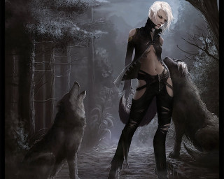 Woman black outfit wolves forest - her mouth free wallpaper