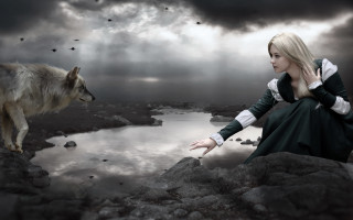 Woman rock wolf lake cloudy - a cloudy sky behind her free wallpaper