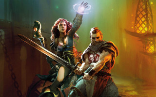 Fantasy couple sword light magic - their head free wallpaper