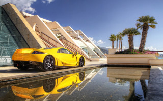 Yellow sports car pool palm - luxury free wallpaper