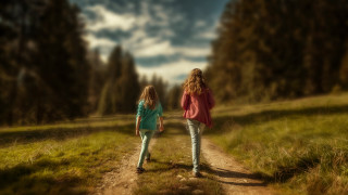 Two girls woods dirt road - the wood together free wallpaper