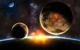 Planets sun starfield aurora cityscape - a distant star in the background free wallpaper