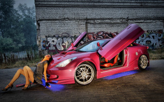 Woman sitting red sports car 3 - its door free wallpaper