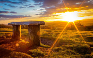 Bench green field sunset clouds 2 - radiant free wallpaper