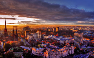 City skyline clouds sunset beach - tall building free wallpaper