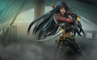 Woman black hair sword red 2 - a red outfit free wallpaper