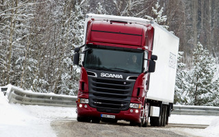 Red truck snowy road forest - a forest of trees and bushes free wallpaper