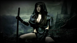 Woman hooded costume pole dark - costume holding free wallpaper