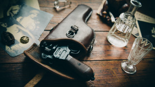 Gun glass wooden table alcohol - dieselpunk free wallpaper