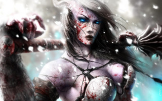 Woman bloody face sword hand - bloody free wallpaper