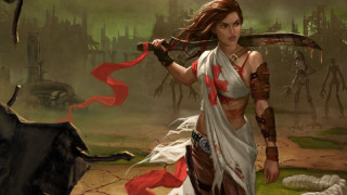Woman white dress sword field - a white dress holding free wallpaper