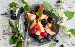 Fruit berries watermelon mint flowers - a white table free wallpaper