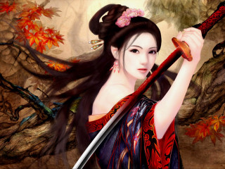 Woman sword autumn leaves tree - autumn free wallpaper