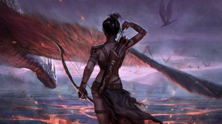 Woman bow arrow dragon firebird - epic fantasy character art free wallpaper