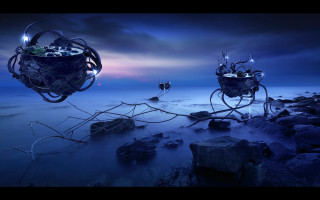 Strange objects floating night water - biopunk free wallpaper