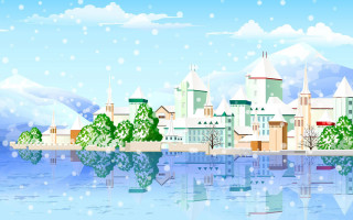Snowy city lake trees mountains - snow free wallpaper