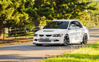 White car forest road sunny - a fence free wallpaper