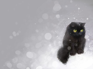 Black cat green eyes snow - a digital painting free wallpaper