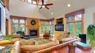 Living room fireplace couch arts - open ceiling free wallpaper