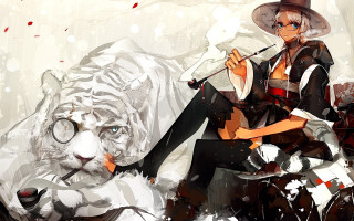 Woman hat glasses white tiger - her mouth and a cigarette free wallpaper